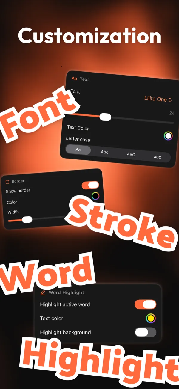 Capster style controls: font and size, text colour, letter case, border colour and width, and word-highlight options.